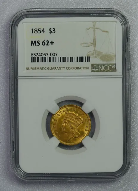 1854 P Indian Princess Gold $3 NGC MS62 + Plus Nice Eye Appeal Strong Strike