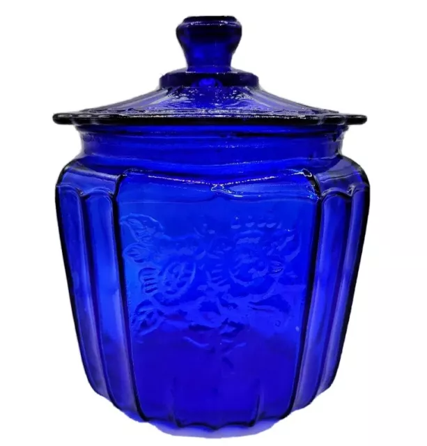 Vintage Anchor Hocking Mayfair Open Rose Cobalt Blue Cookie Jar Depression Glass