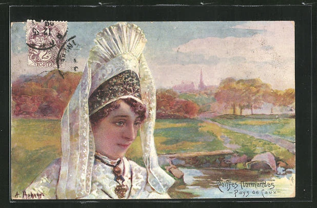 CPA Illustrateur Caux, Coiffes Normandes, femme en costume typique