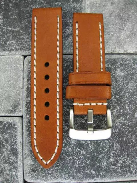 22mm NEW COW LEATHER STRAP Watch BAND White Stitch for PANERAI PAM Brown LBR