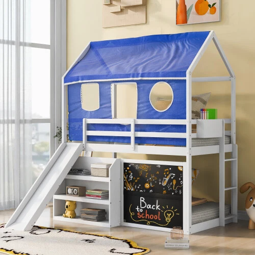 House Bunk Bed with Slide Tent Tower Blackboard Loft Bunk Bed Platform Bed Frame House Bunk Bed with Slide Tent Tower Blackboard Loft Bunk Bed Platform Bed Frame