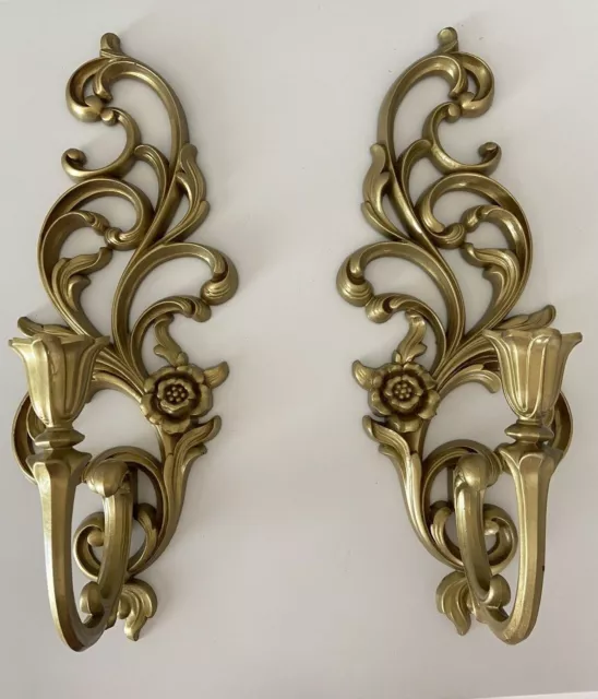 Vintage Pair of Gilded Gold Syroco Wall Sconces Hollywood Regency MCM READ