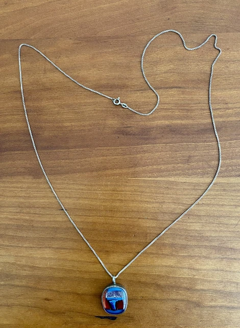 MID CENTURY STERLING SILVER OPERA LENGTH NECKLACE 30" & ART GLASS PENDANT 14.7g