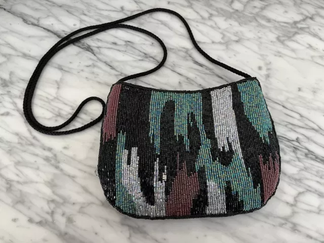Lyrella Abstract Beaded Purse Clutch Bag Black Pink Green White Vtg 80s 90s
