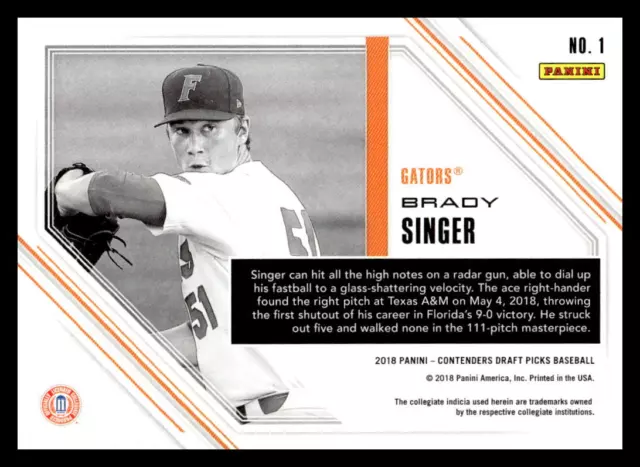 2018 Panini Contenders Draft Picks #1 Brady Singer   Florida Gators 2