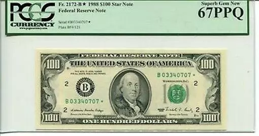 FR 2172-B* STAR 1988 $100 Federal Reserve Note PCGS 67 PPQ SUPERB Gem New