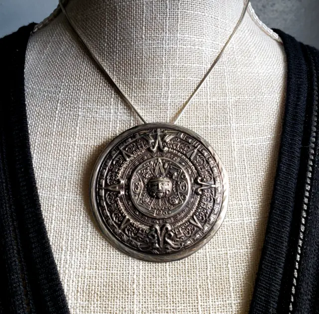 MEXICO Vintage Sterling Silver Pendant Pin Brooch Large Aztec Mayan Sun Calendar