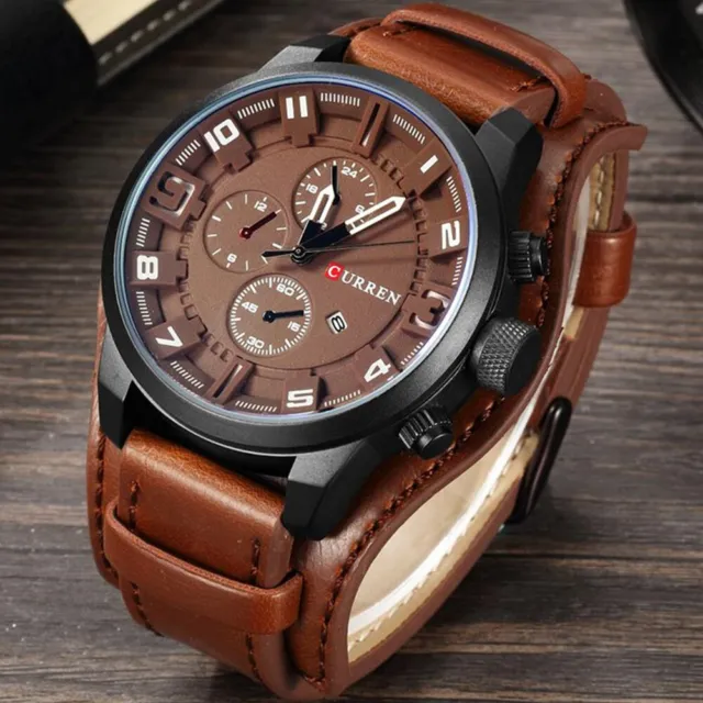 CURREN Men Quartz Watch Large Dial Fashion Leather Male Military Wristwatch Gift