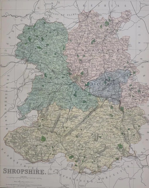 1889 COUNTY MAP Shropshire Clun Shrewsbury Ellesmere Whitchurch Much