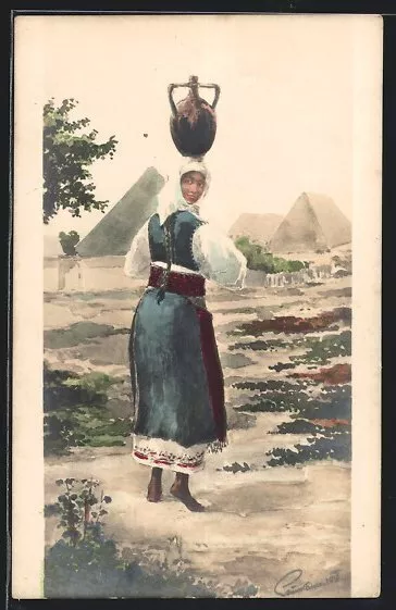 Serbische junge Frau mit Wasserkrug auf dem Kopf, Ansichtskarte