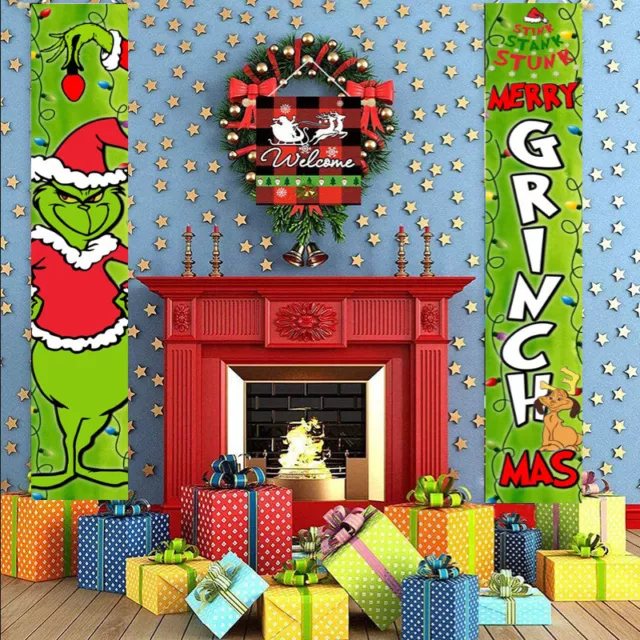 2PCS Christmas Decorations For Grinch Porch Sign Door Banner Merry