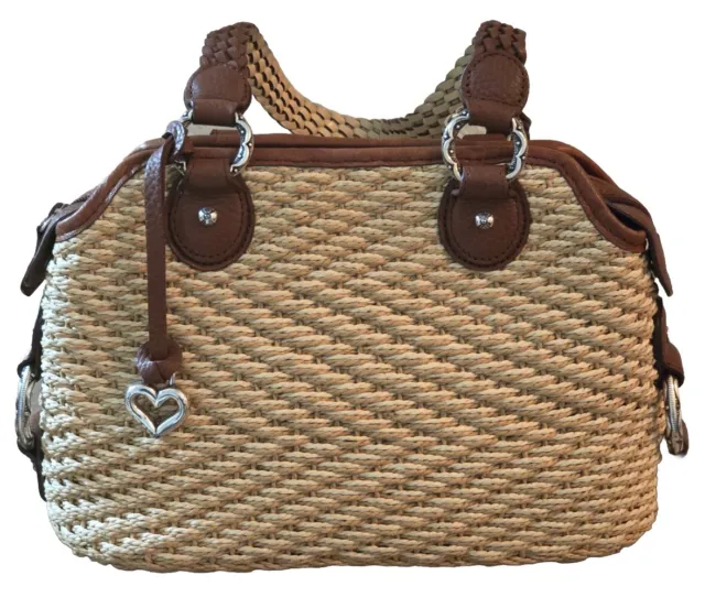 Brighton Woven Straw Shoulder Bag Handbag Purse Leather Braided Straps Heart Tan