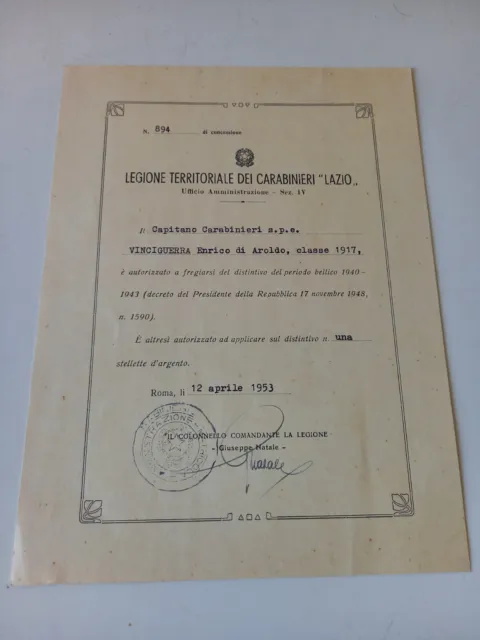 Diploma Militare Periodo Bellico 1940-43 Legione Carabinieri Lazio
