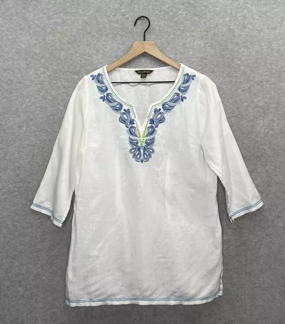 Tommy Bahama Shirt Womens Medium White Linen Tunic Embroidered Vacation Beach