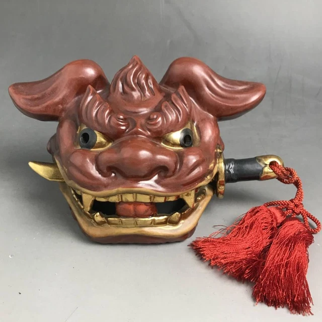 SHISHI LION HEAD KUTANI Pottery Statue 6.6 in Japanese Vintage Old Figurine Art