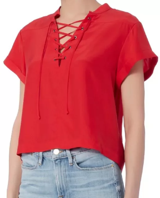 FRAME Shirt Silk Lace-Up Pullover Top in Blood-Orange Red Size XS