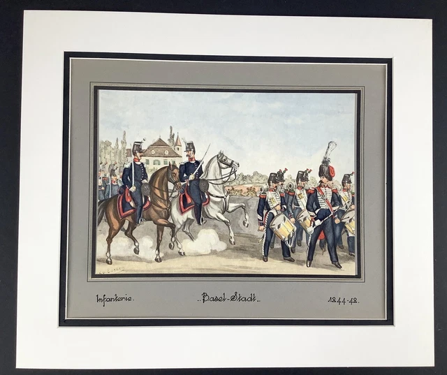 Antique Military Print Swiss Battalion Soldiers Basel Infantry Cavalry Officers