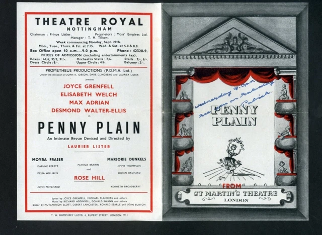 Nottingham Theatre Royal programme 1952 Penny Plain Joyce Grenfell.