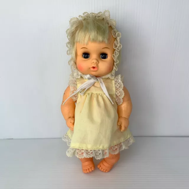Vintage 1970s Playmates Small Girl Doll 27cm Yellow Dress Bonnet Outfit Plastic