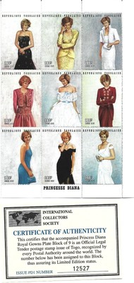 1997 Togo Princess Diana Souvenir Sheets Royal Gowns Scott 1798/1804 CV $13.00