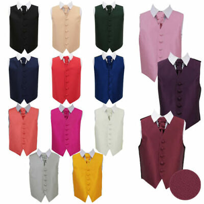Mens Boys Premium Woven Plain Solid Check Wedding Waistcoat & Cravat Set 3