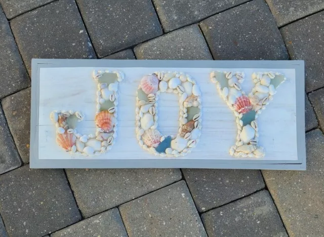 Rustic Wood Coastal Sign, "Joy", Made with Sea Shells and Sea Glass