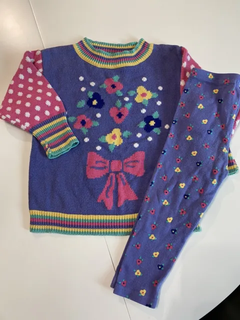 Vtg Gymboree RAINBOW TAG Multicolor Purple floral Sweater With Pants Outfit