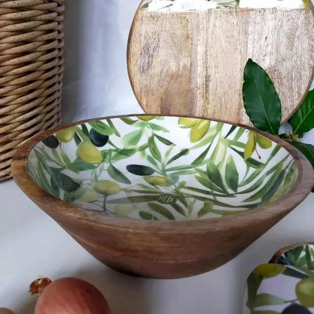 Mango Wood Fruit / Salad Bowl - Green Olives Design