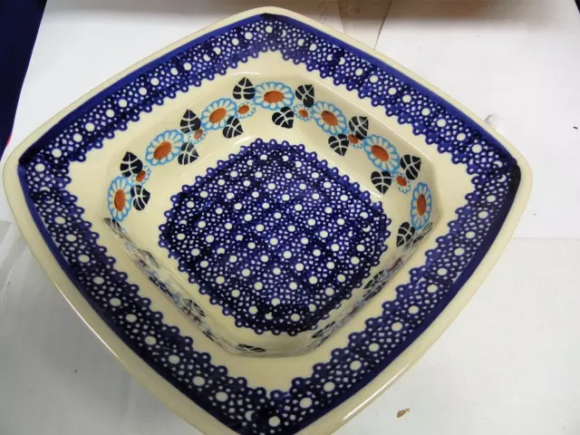 Polish pottery stoneware Boleslawiec deep square bowl blue flower