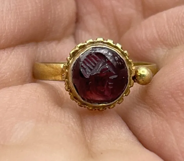 Superb Ancient Roman High Carat Gold Ring With Garnet Intaglio King Depicted