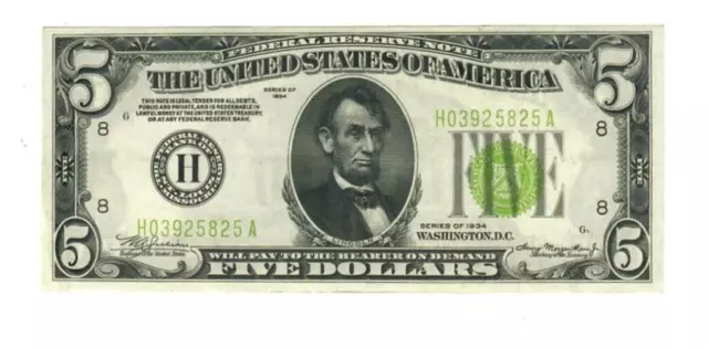 1934 $5 FRN St. Louis Light Green Seal Fr. 1955-Hlgs AU++
