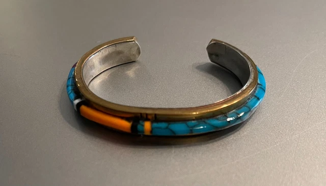 Native American Navajo NEZ Bracelet Turquoise Coral Vintage small 2 1/8" Wide