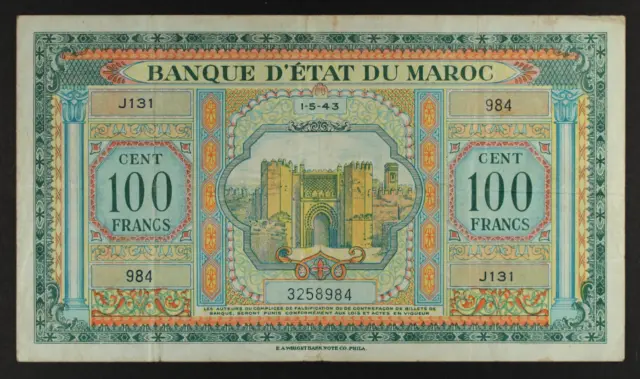 Morocco 100 Francs ... 1-5-1943 ... P-27 ... Vf