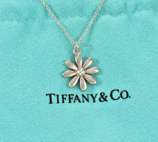 Tiffany & Co Brushed Silver Daisy Flower Pendant Necklace in Pouch Rare Matte 2