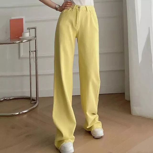 Femme Pantalon Jeans Taille Haute Jambe Large Droit Ample Streetwear Décontracté