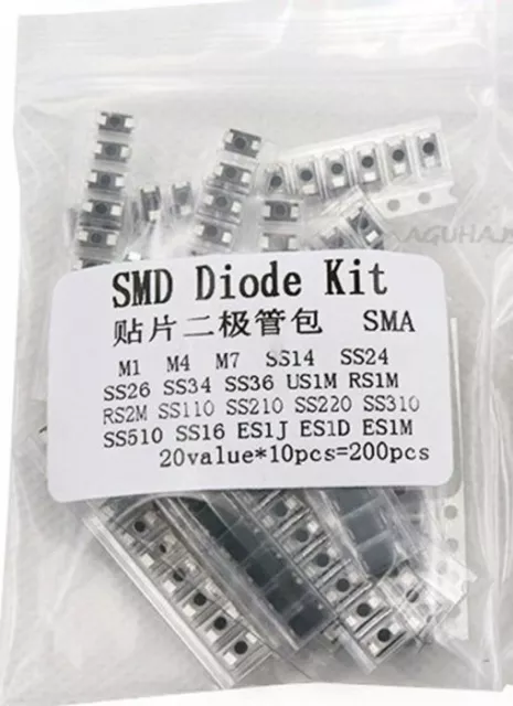 200Pcs SMD Diode Assorted Kit 20 values x 10Pcs Surface Mount M1 M4 M7 SS14