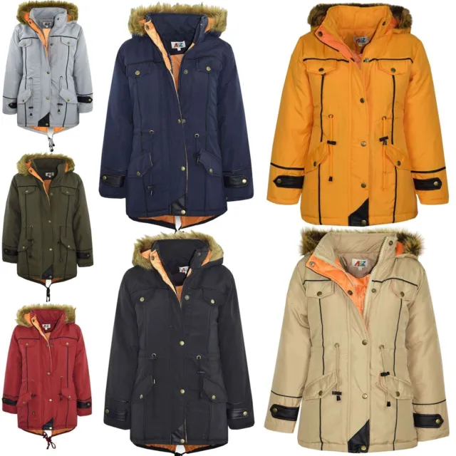 Kids Girls Coat DESIGNER'S Parka Jacket Long Faux Fur Zipped Hooded Top 3-13 Yrs