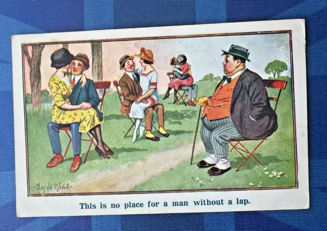 Vintage Donald McGill Comic Postkarte 1920 großer fetter Mann Bauchschoß Nr. 2905