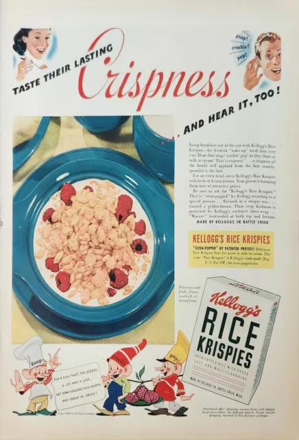 1940 KELLOGG'S RICE Krispies Cereal Snap Crackle Pop Vintage Ad $14.95 ...