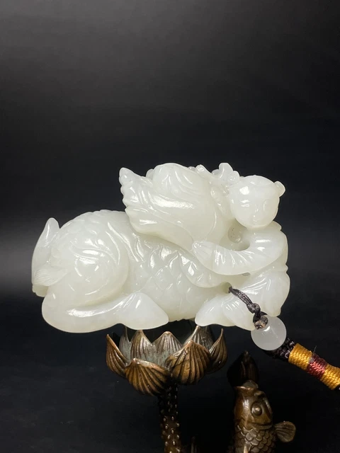 Chinese Exquisite Handmade Kirin and Child carving Hetian Jade Statue