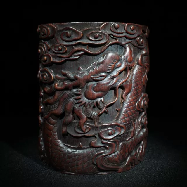 Collection Chinese Old Bamboo Carved Exquisite Dragon Brush Pot Antique Decor