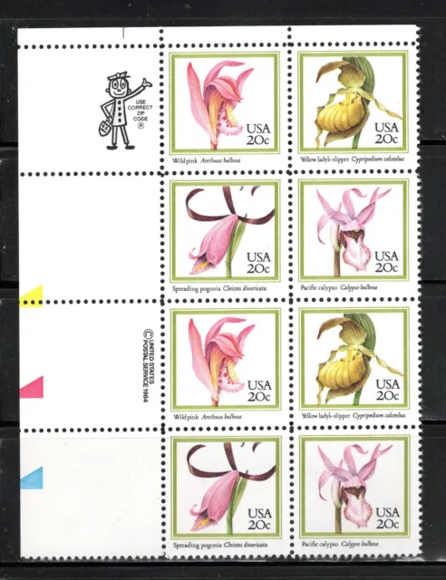 US Stamp Scott #2079a, 20c, Orchids, Zip Block of 8, MNH