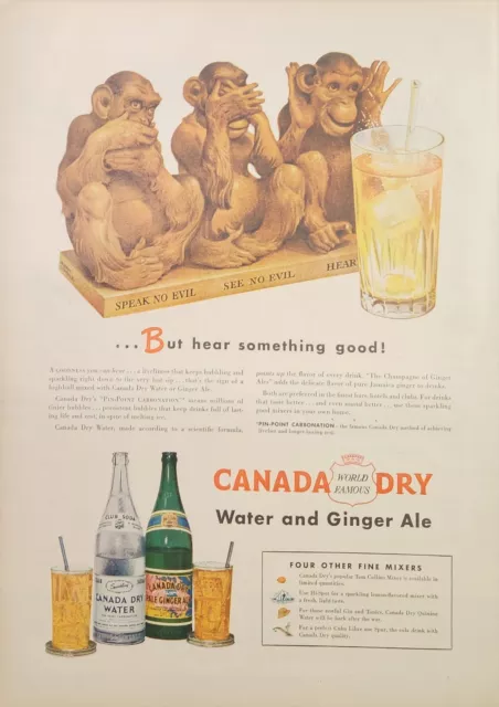 Vintage Canada Dry Print Ad 1945 Ephemera Wall Art Decor Speak No See No