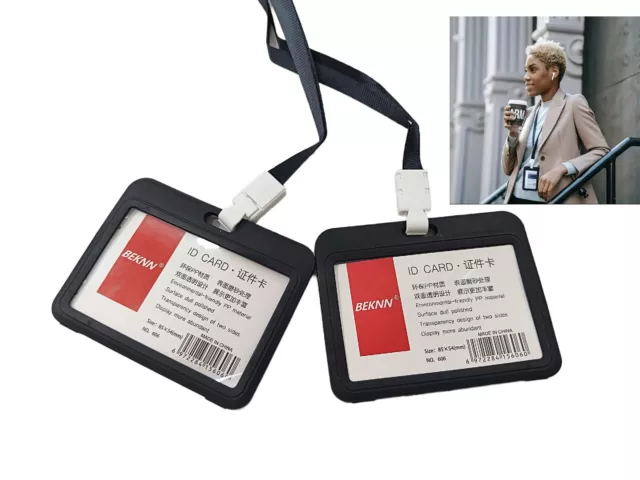 2pc ID Card Badge Holder Two Sided Rigid Lanyard Credit Card Driver License