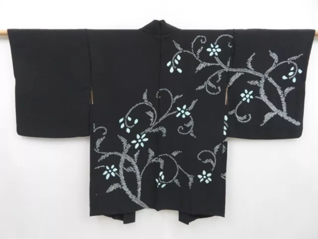 3013T11z470 Vintage Japanese Kimono Silk SHIBORI HAORI Flower Black