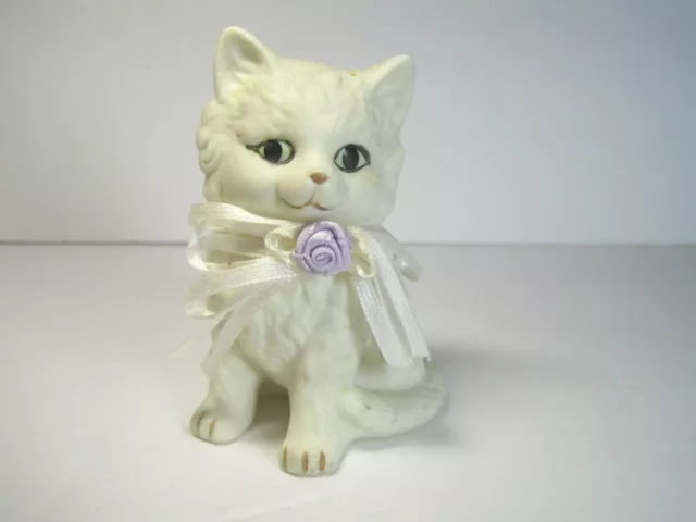 Porcelain Cute White Cat Figurine Green Eyes Pink Bow 4" Tall