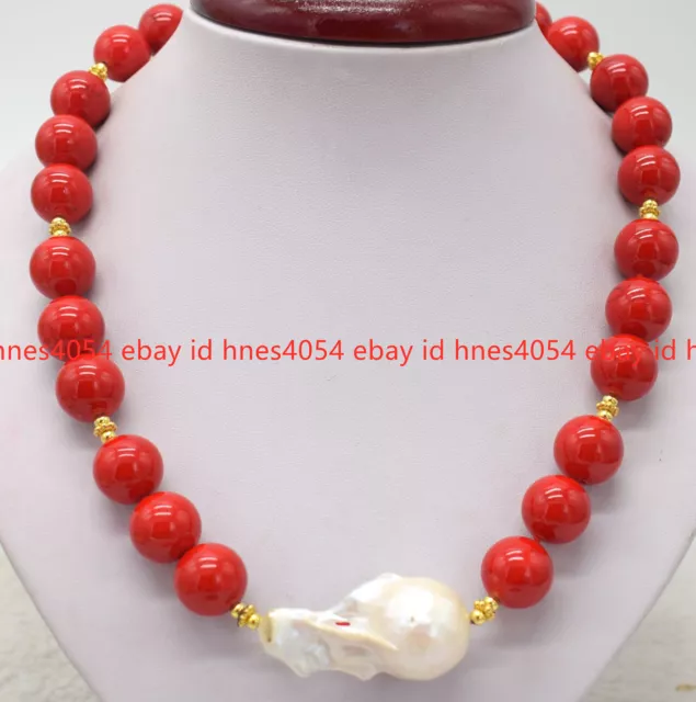 12mm Red Coral & Natural White Keshi Baroque Pearl Pendant Necklace 16-28''