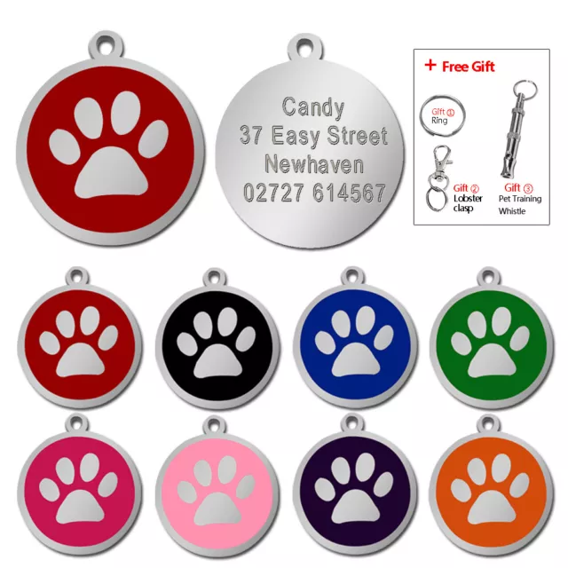 Paw Print Personalised Dog Tags Disc Disk Pet Cat Name ID Collar Tag 8 Colours