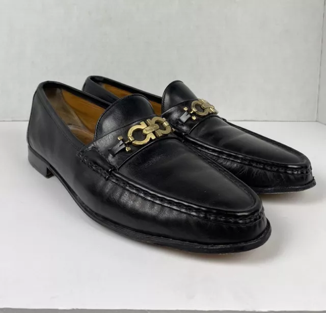 Salvatore Ferragamo Mens FIRENZE Black Loafers Gold Gancini Bit Shoes US 11.5 D