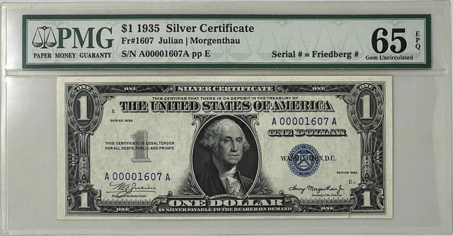 1935 $1 Silver Certificate, Fr. 1607 PMG 65-EPQ Gem Unc "Serial # = Friedberg #"
